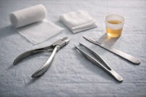 Strumenti podologici disposti su telo clinico in una composizione essenziale e professionale, simbolo di precisione, cura e trattamento del dolore