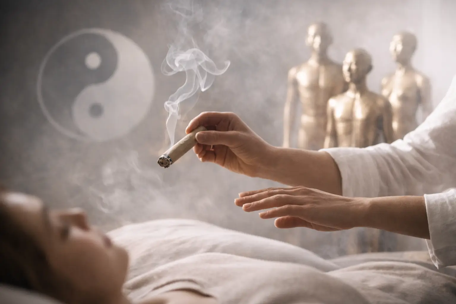 Cover simbolica e sobria sull’integrazione tra Medicina Cinese e ipnosi antica, con gesto terapeutico e atmosfera contemplativa