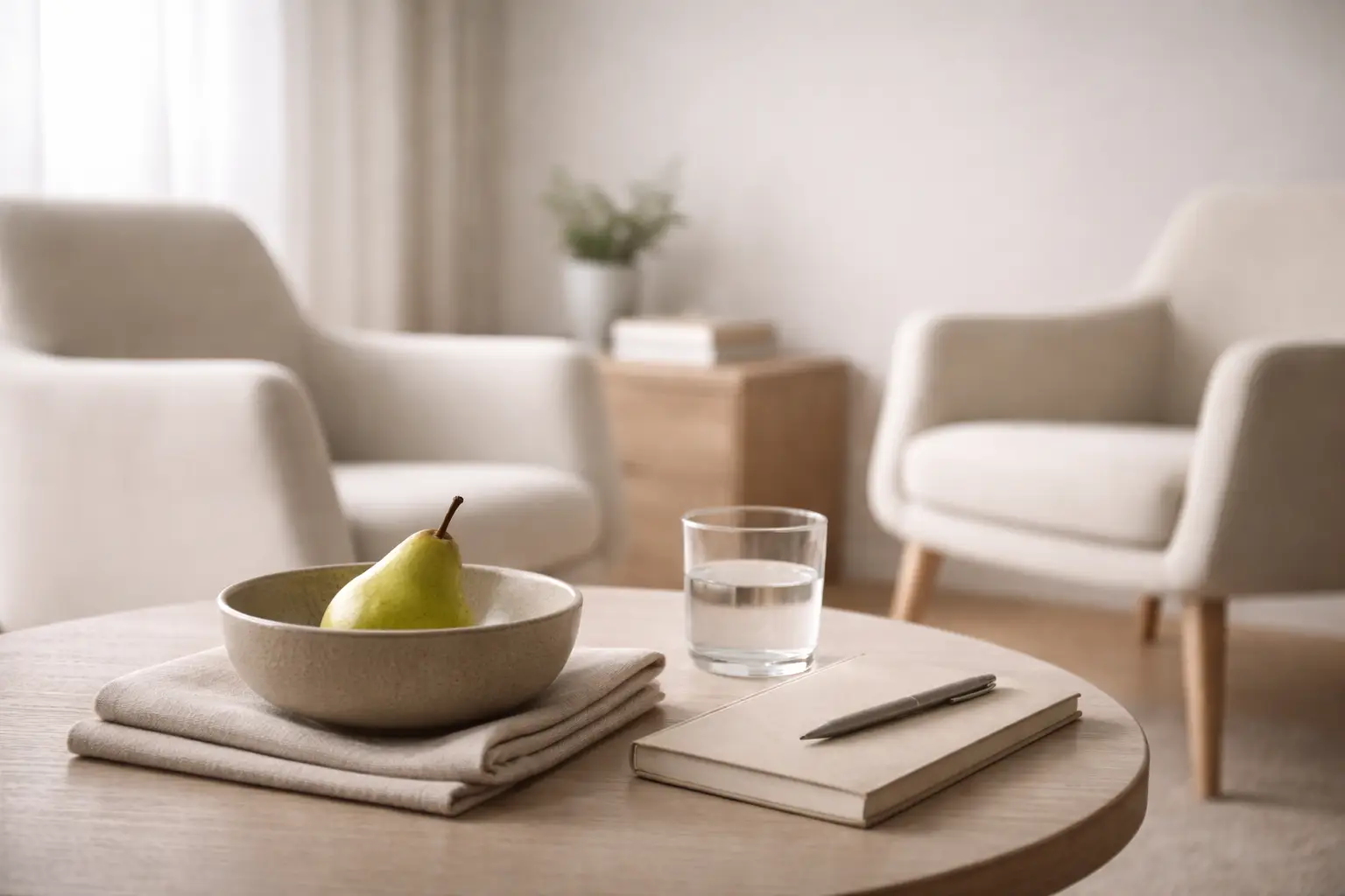 Studio terapeutico minimale con elementi sobri che evocano il lavoro clinico sul rapporto con il cibo e con l’inconscio