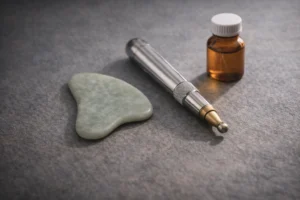 Strumenti essenziali per trattamento manuale e approccio integrato disposti su superficie materica in una composizione sobria e professionale