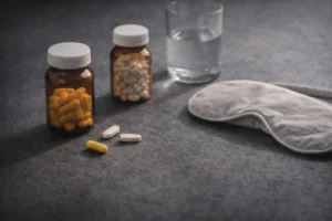 Composizione essenziale con flaconi, acqua e mascherina da sonno su fondo scuro, simbolo di supporto clinico nei disturbi del sonno e nella gestione farmacologica