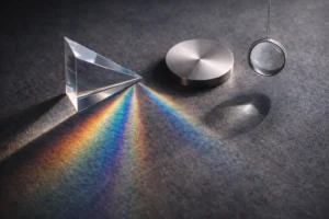 Composizione oggettuale essenziale con elementi ottici e materici su fondo scuro, simbolo di percezione, analisi e complessità del fenomeno ipnotico