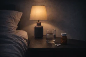 Scena notturna essenziale con comodino, luce soffusa e oggetti legati al riposo e alla cura, simbolo di dolore cronico, insonnia e malessere diffuso