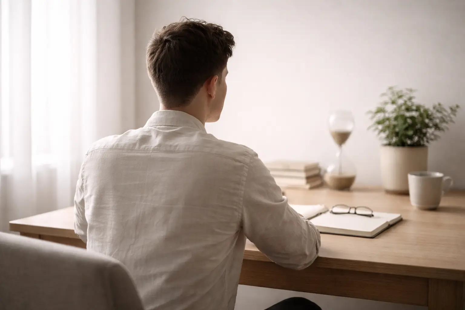 Giovane seduto a una scrivania in un ambiente minimale e luminoso, simbolo di concentrazione, chiarezza mentale e trasformazione personale